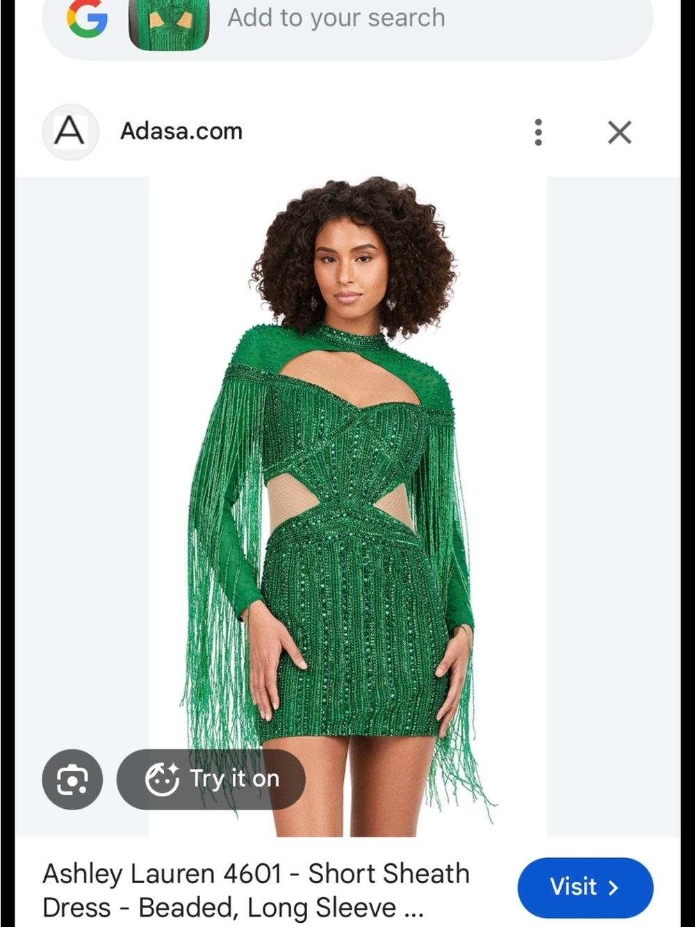 651. Ashley Lauren 4601 Green Beaded Fringe Evening Dress